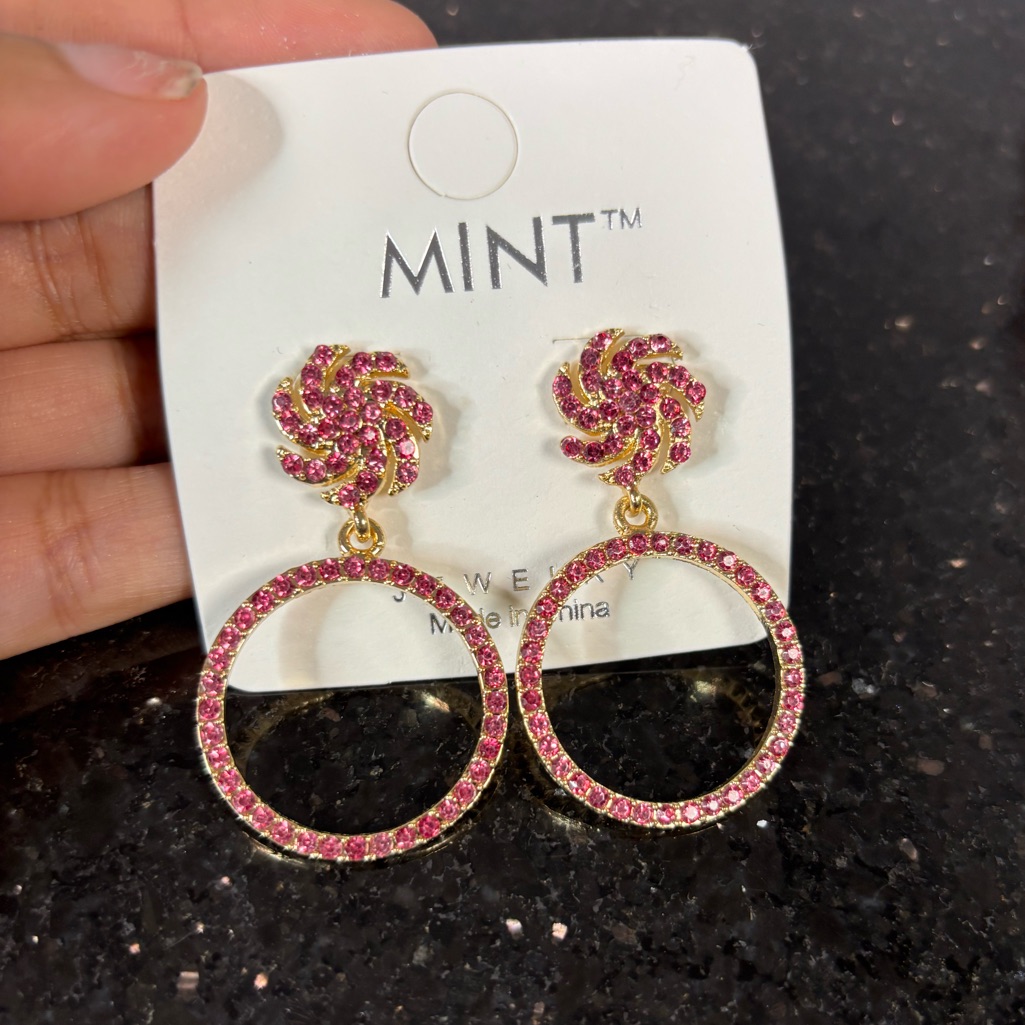 525 Deal Pink Crystal Swirl Drop Hoop Earrings 13$